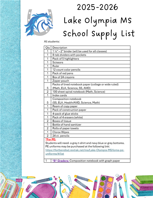  School Supply List 